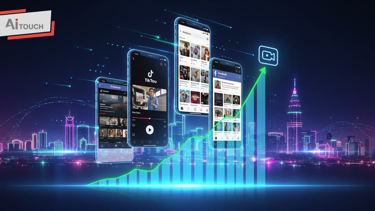 Smartphones displaying social media apps above a neon city with a rising growth chart and video camera icon.