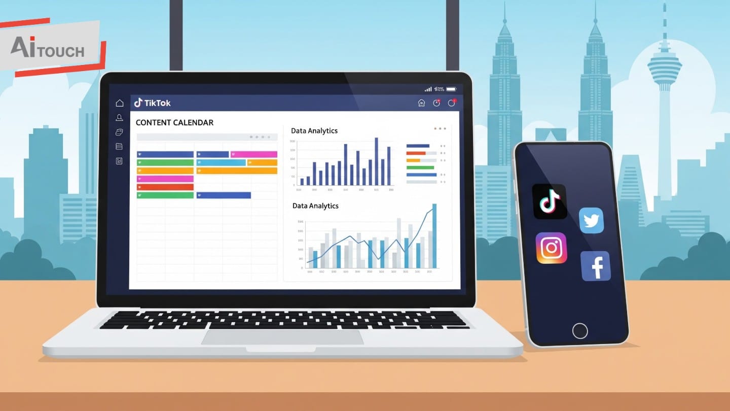 Laptop displaying TikTok content calendar and analytics dashboard next to a smartphone with social media icons.
