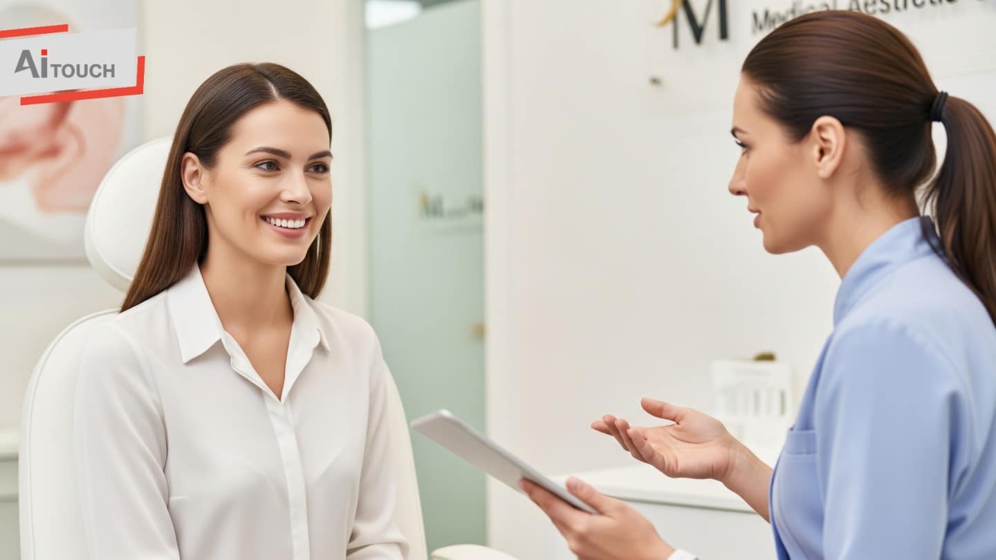 A woman smiles during a medical consultation at a professional aesthetic clinic.