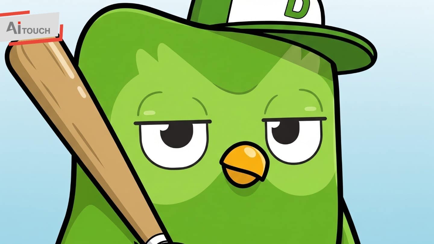 Stern Duolingo owl mascot Duo wearing a baseball cap and holding a baseball bat with a threatening expression.